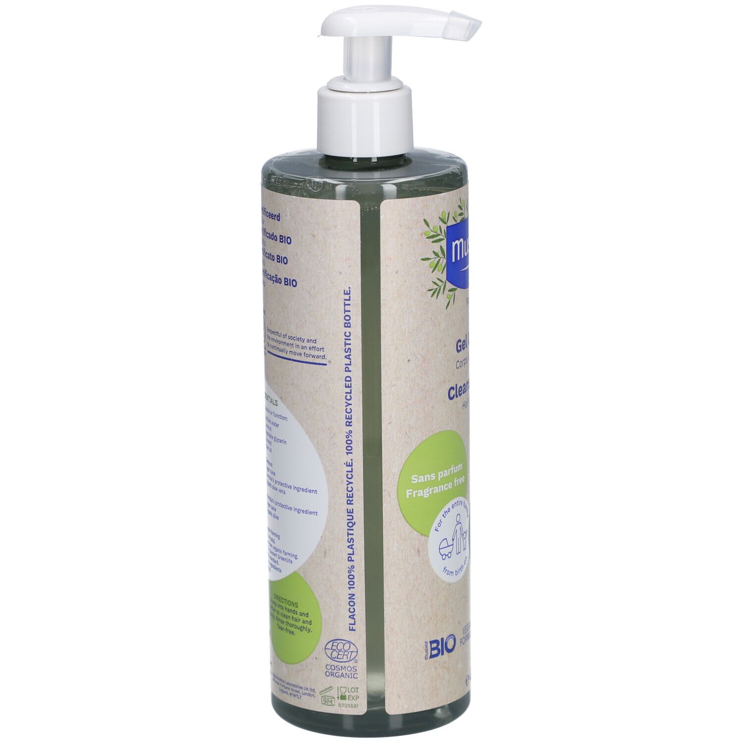 Grüne Flasche mit weißem Pumpkopf. Rückseite mit Text und Logos. Flasche aus 100% recyceltem Kunststoff.