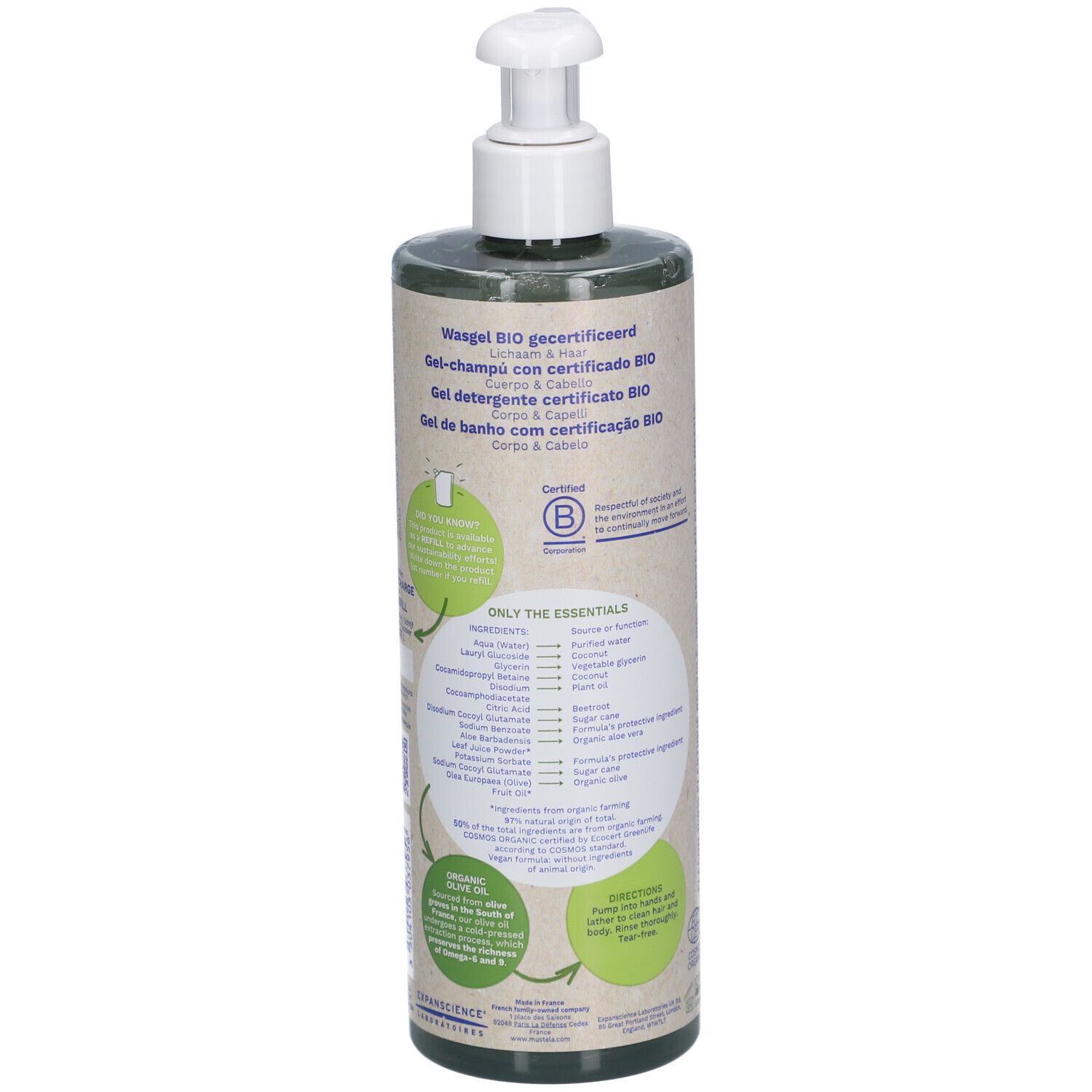 Rückseite der grünen Flasche mit weißem Pumpkopf. Text in mehreren Sprachen. Bio-Zertifizierung. Inhaltsstoffe.