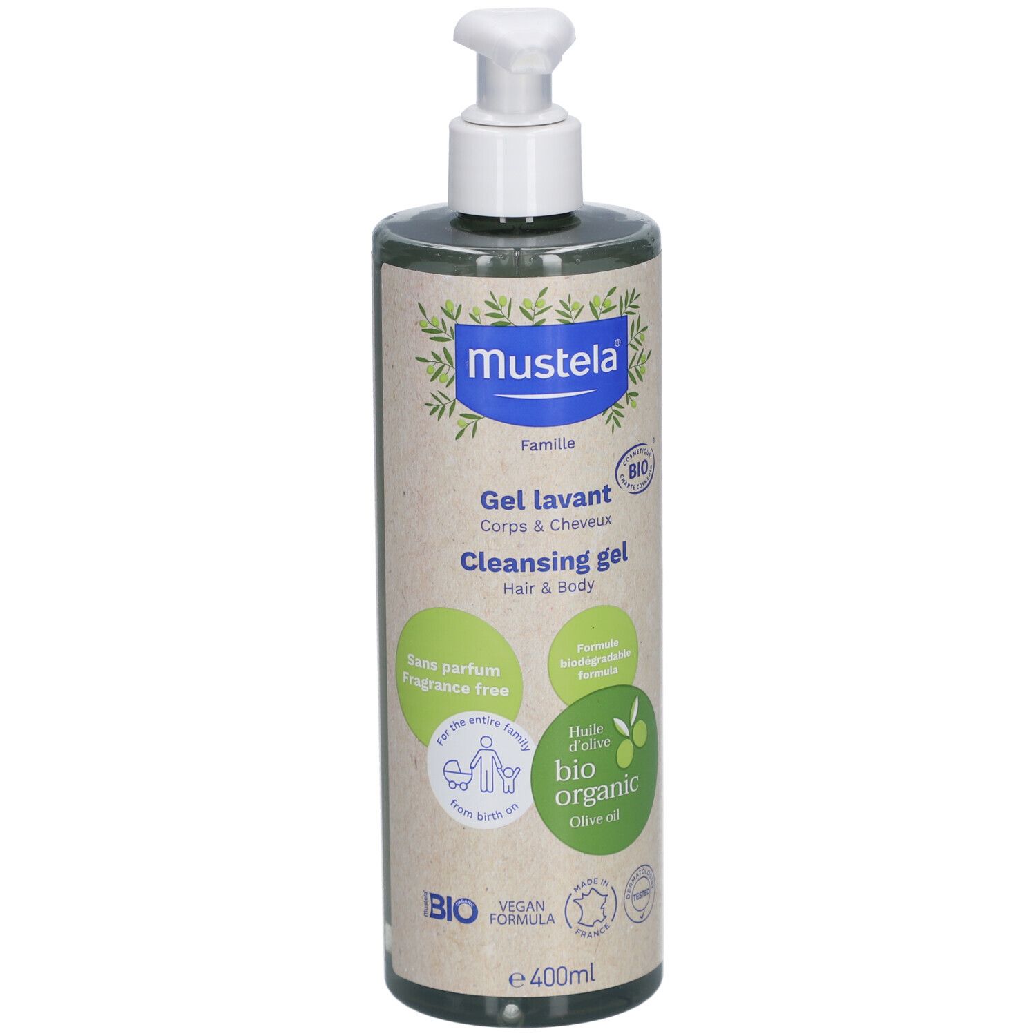 Grüne Flasche mit weißem Pumpkopf. Aufschrift: Mustela, Gel lavant, Hair & Body. Bio-Zertifizierung, vegan.