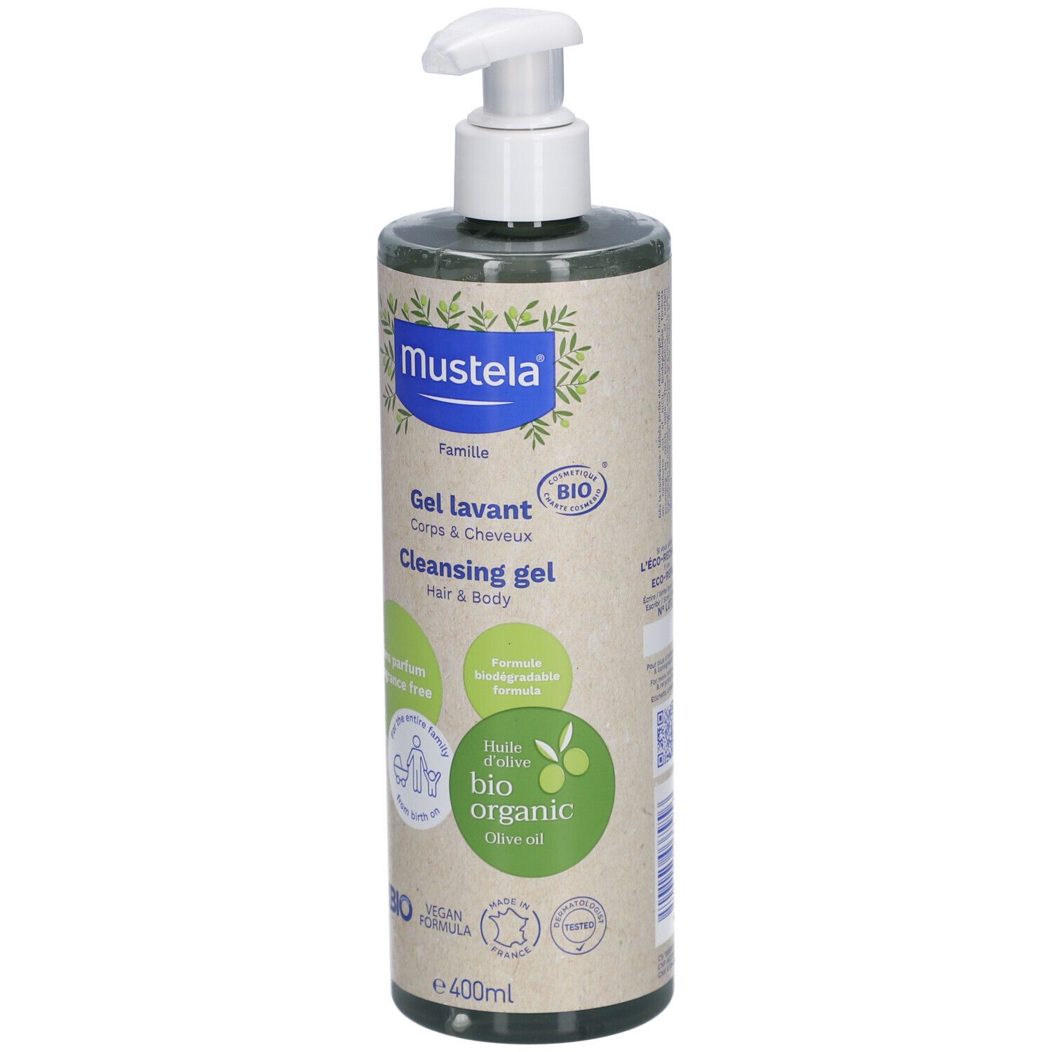 Grüne Flasche mit weißem Pumpkopf. Aufschrift: Mustela, Gel lavant, Hair & Body. Bio-Zertifizierung, vegan.