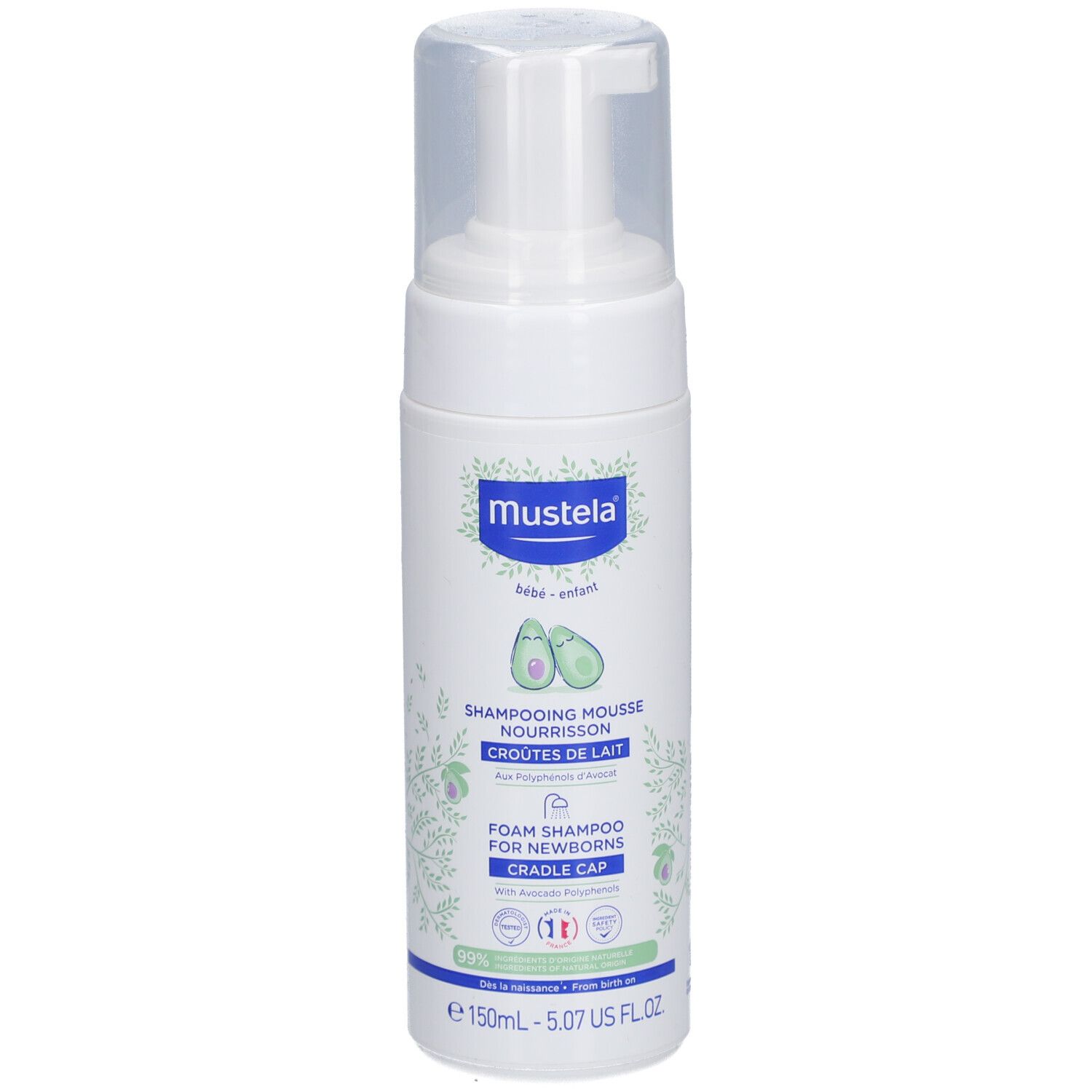 Mustela Schaumshampoo für Neugeborene. Weiße Flasche mit Pumpkopf. Produktbezeichnung und Illustrationen auf der Vorderseite.