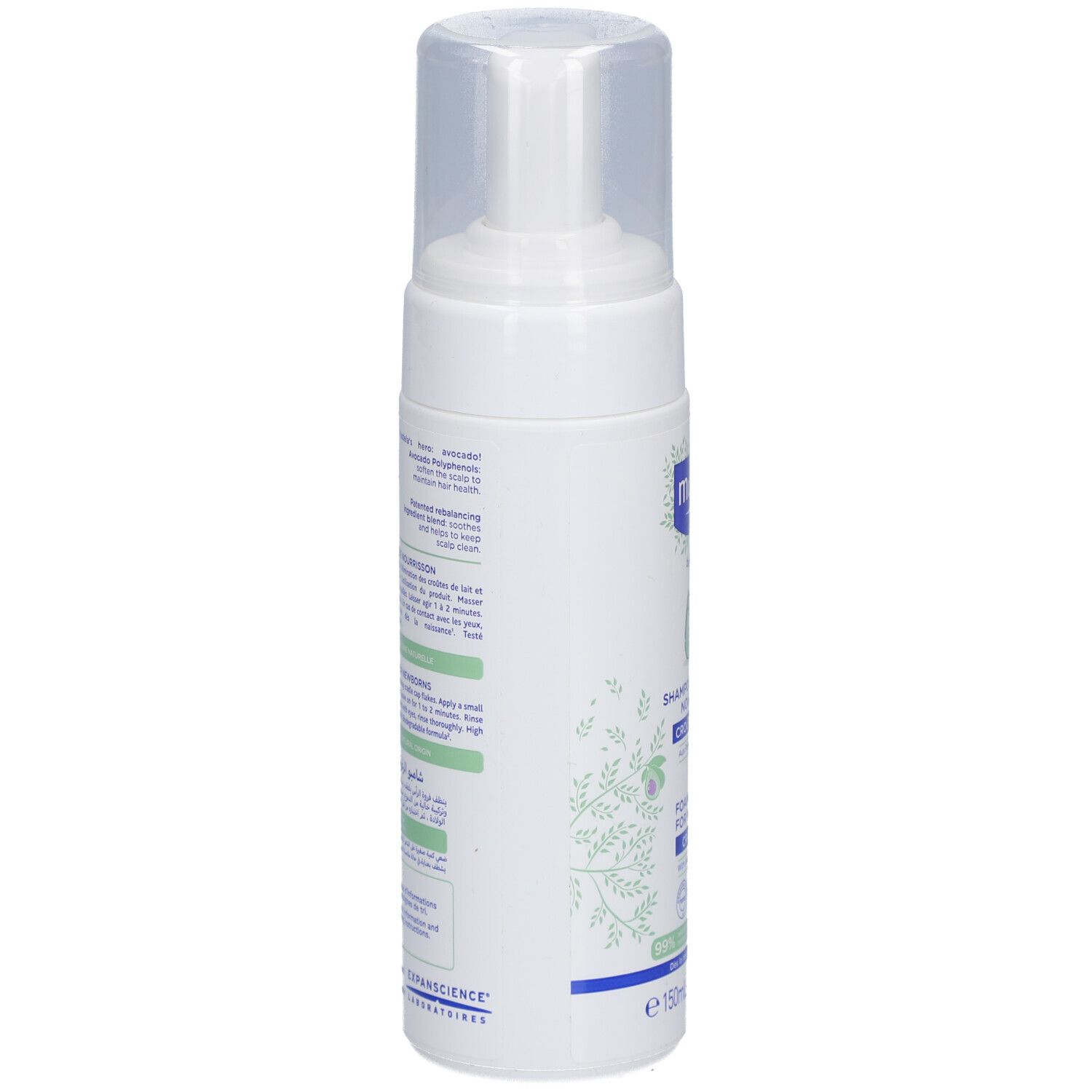 Mustela Schaumshampoo für Neugeborene. Weiße Flasche mit Text und Illustrationen. Seitenansicht mit Produktinformationen.