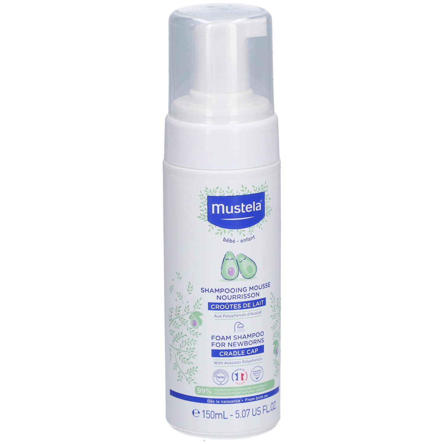 Mustela Schaumshampoo für Neugeborene. Weiße Flasche mit Pumpkopf. Produktbezeichnung und Illustrationen auf der Vorderseite.