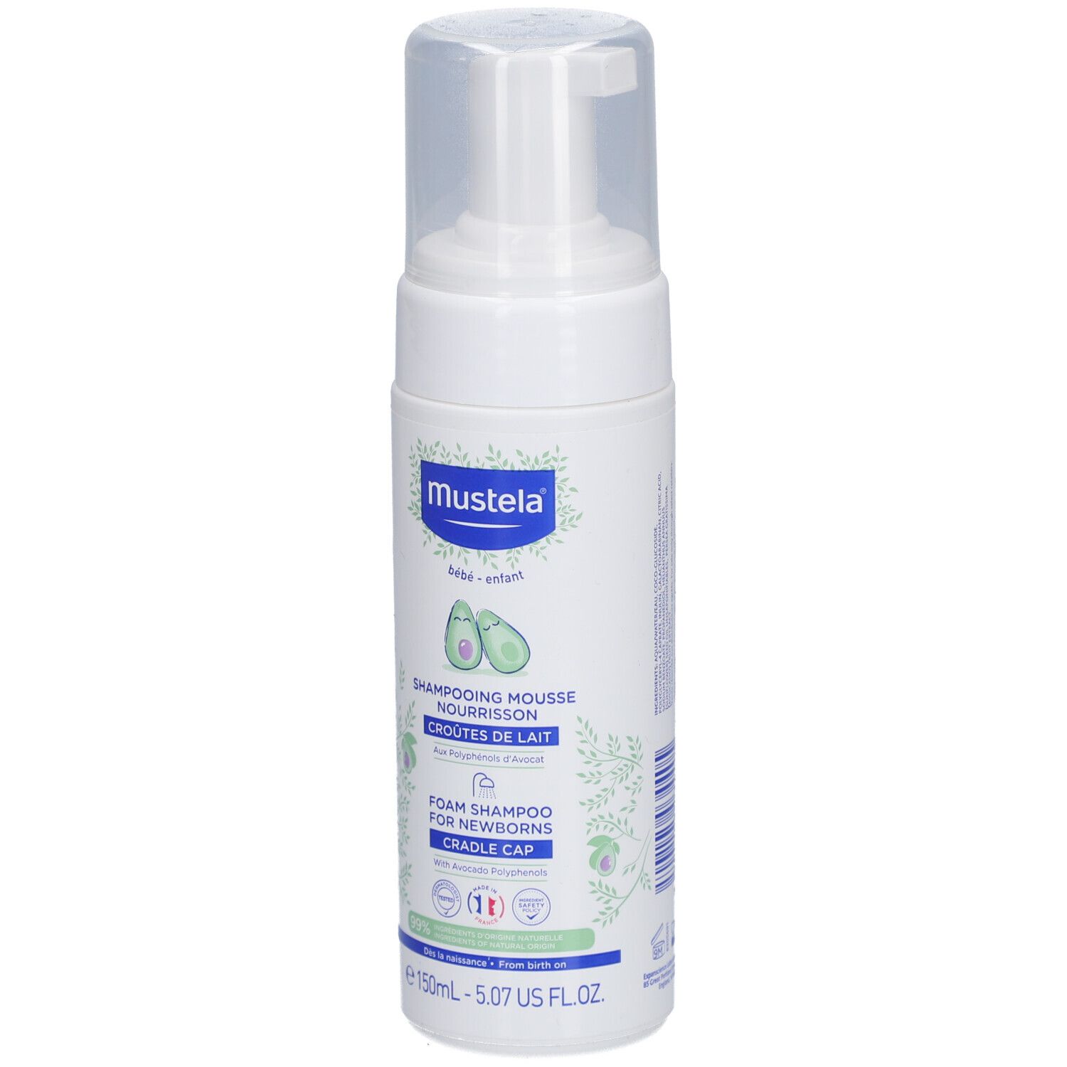 Mustela Schaumshampoo für Neugeborene. Weiße Flasche mit Pumpkopf. Produktbezeichnung und Illustrationen auf der Vorderseite.