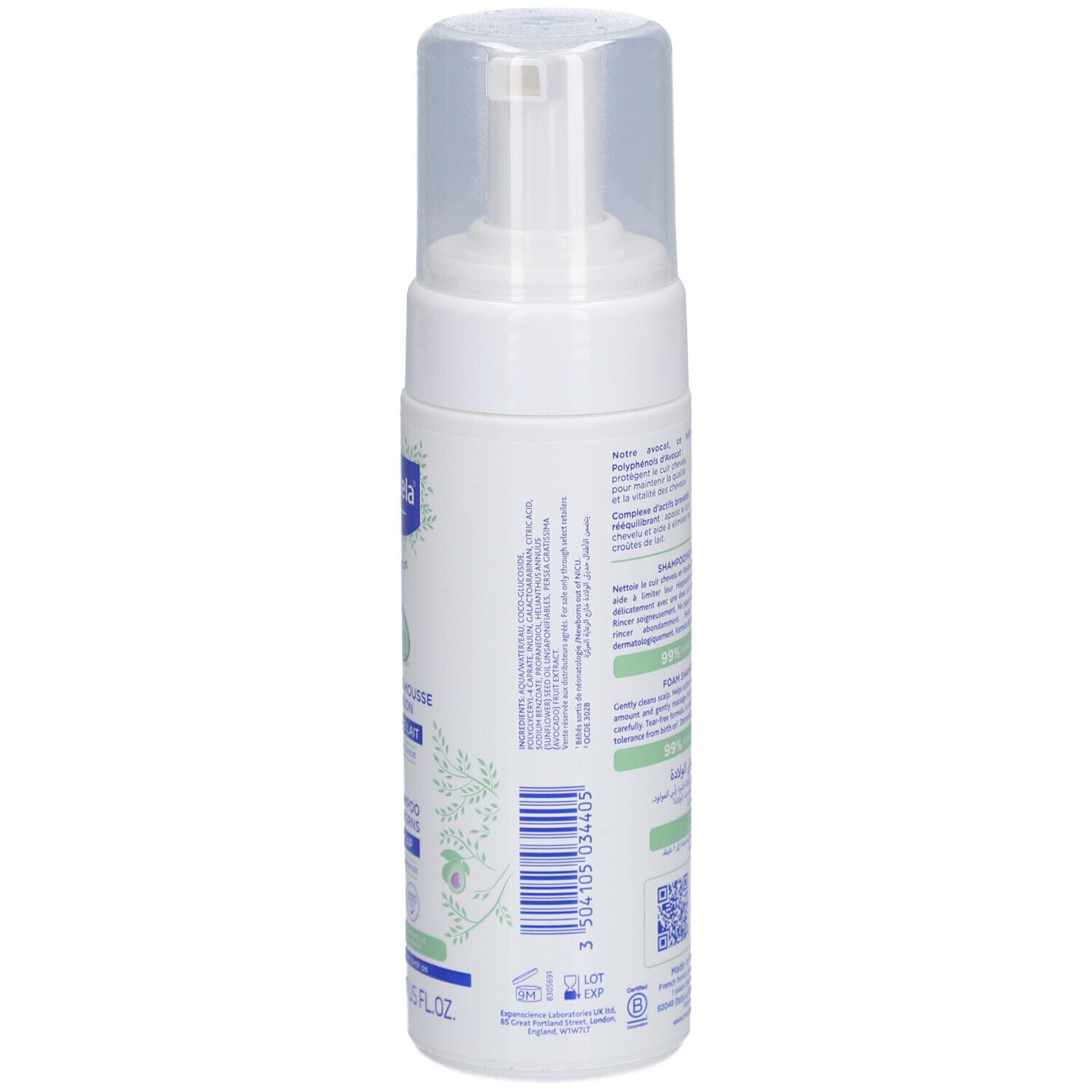 Mustela Schaumshampoo für Neugeborene. Weiße Flasche mit Text und Illustrationen. Seitenansicht mit Produktinformationen.