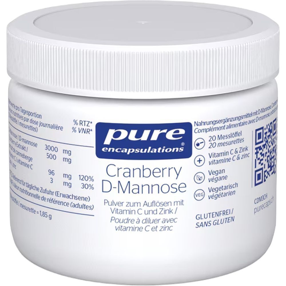 Weiße Dose mit Deckel. Aufschrift: pure encapsulations, Cranberry D-Mannose. Enthält Vitamin C und Zink. Glutenfrei.