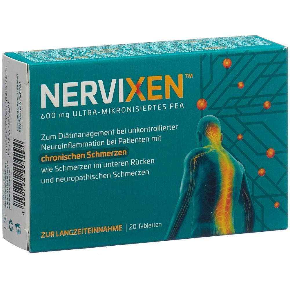 Schachtel mit NERVIXEN, 600 mg, zur Behandlung von chronischen Schmerzen. 20 Tabletten. Türkis-weißes Design mit Abbildung eines Rückens.