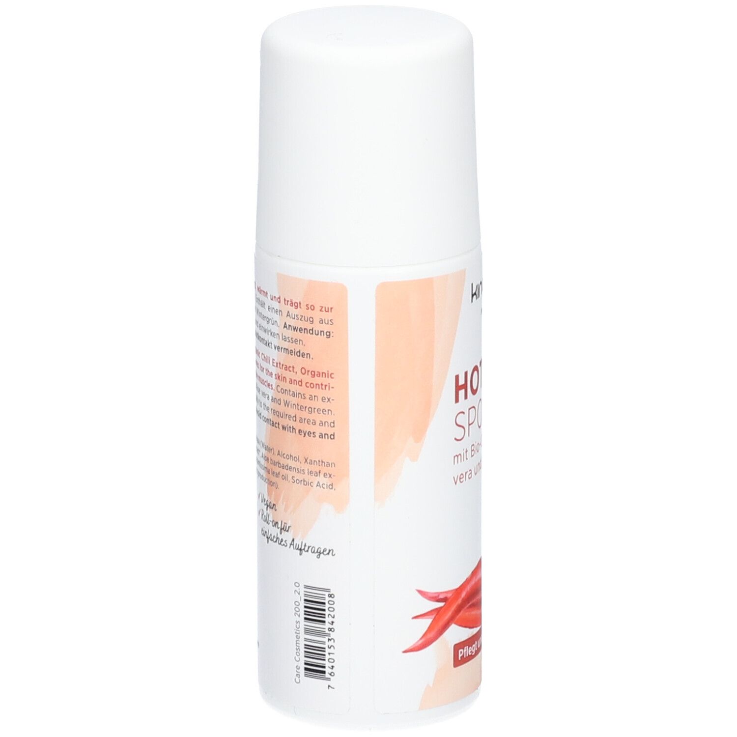 Weißer Roll-on, Seitenansicht. Text: HOT SHOT SPORT GEL, Bio-Aloe vera, Wintergrün. Text in Deutsch und Englisch. Barcode.