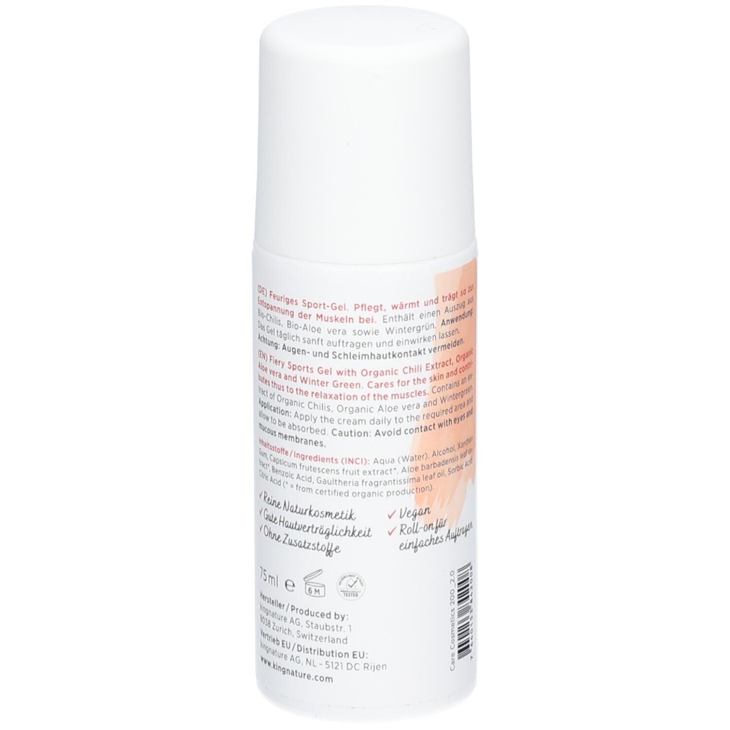 Weißer Roll-on, Rückansicht. Text: HOT SHOT SPORT GEL, Inhaltsstoffe, Anwendungshinweise. Logos und Zertifizierungen.