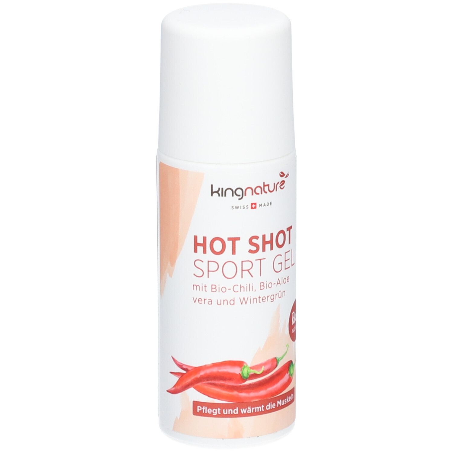 Weißer Roll-on mit roter Schrift. Aufschrift: HOT SHOT SPORT GEL, Bio-Chili, Bio-Aloe vera, Wintergrün. Abbildung von Chilischoten.