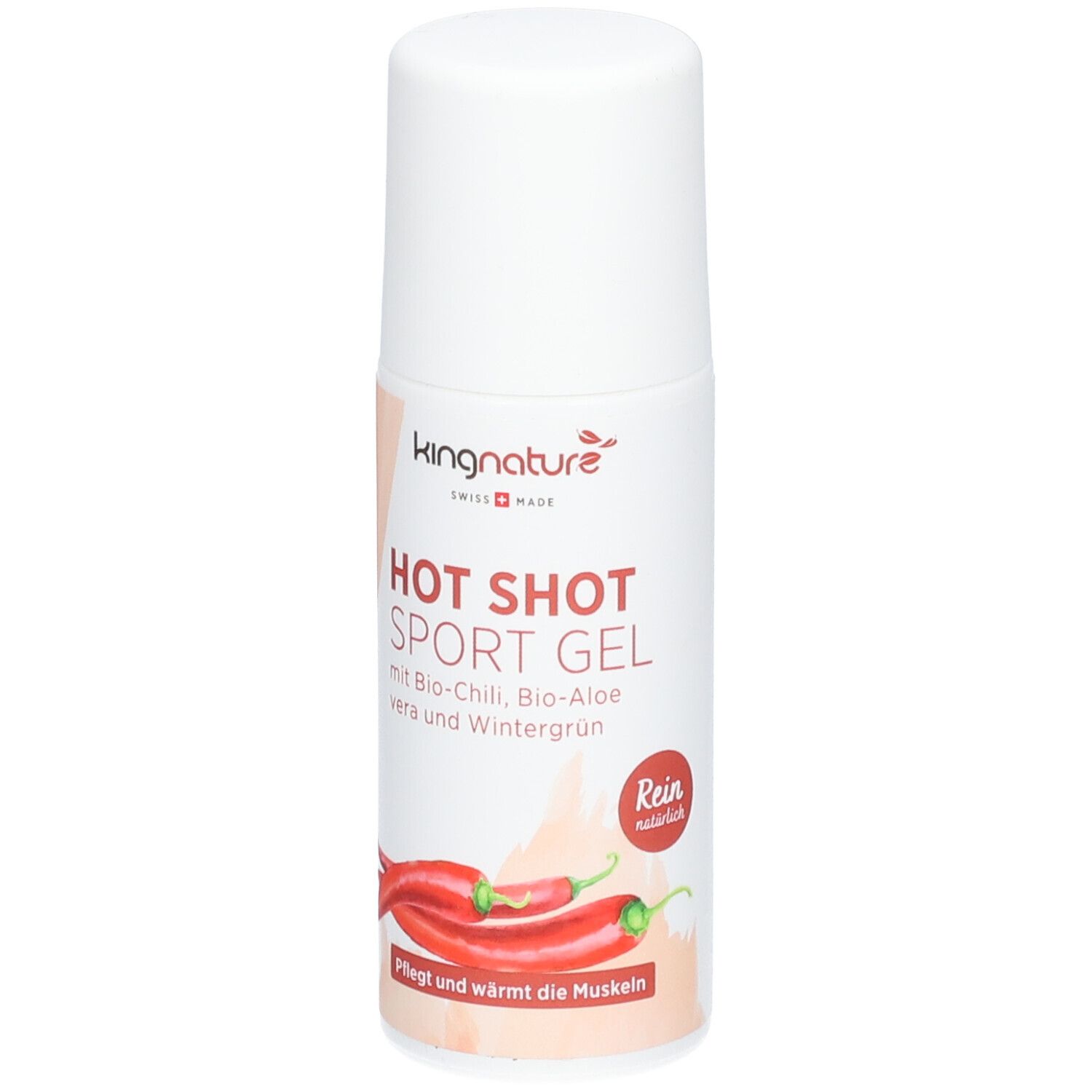 Weißer Roll-on mit roter Schrift. Aufschrift: HOT SHOT SPORT GEL, Bio-Chili, Bio-Aloe vera, Wintergrün. Rein natürlich.
