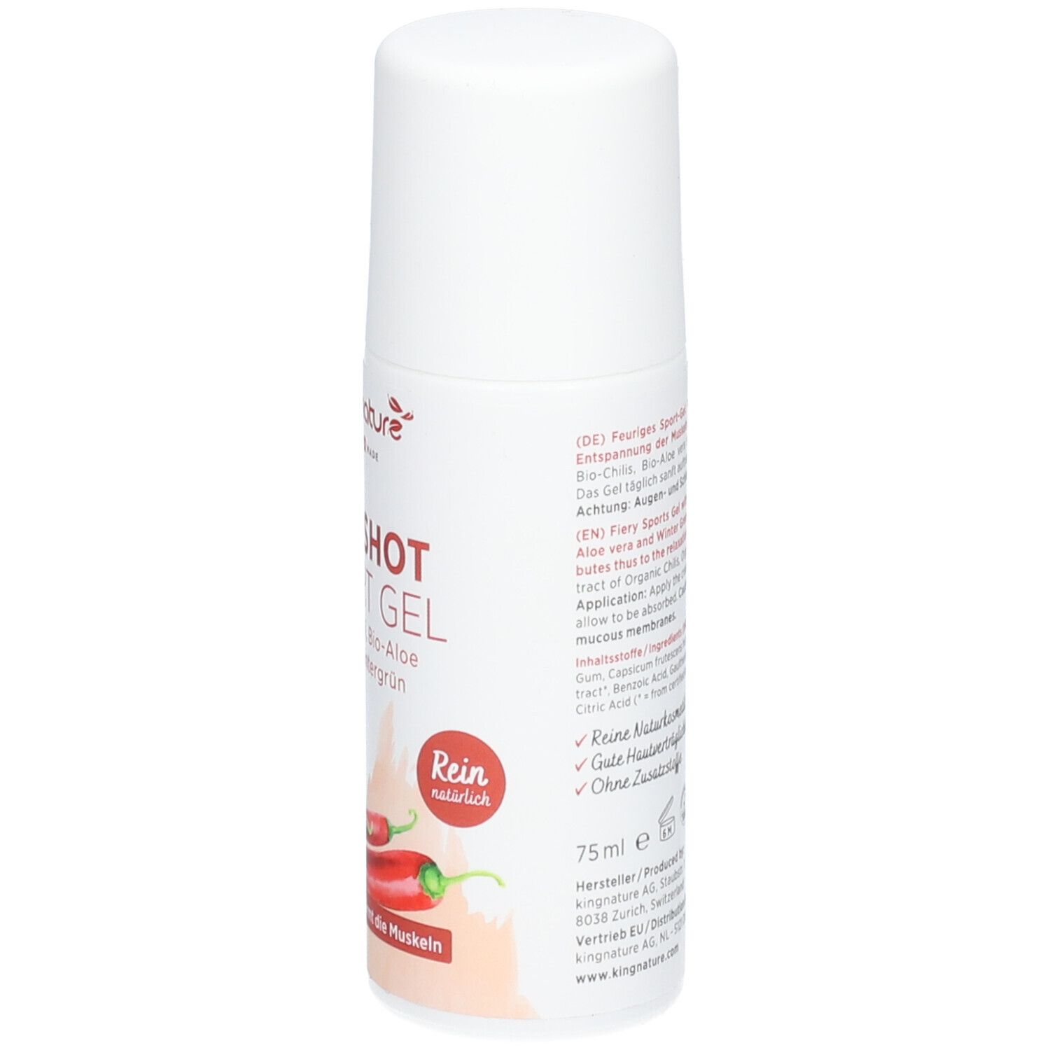 Weißer Roll-on, Rückansicht. Text: HOT SHOT SPORT GEL, Rein natürlich, 75 ml. Logos und Zertifizierungen.