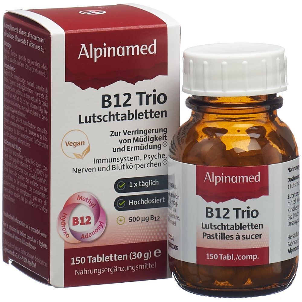 Alpinamed B12 Trio Lutschtabletten-Packung und Flasche. Braune Flasche mit weißen Deckel und Produktinformationen.