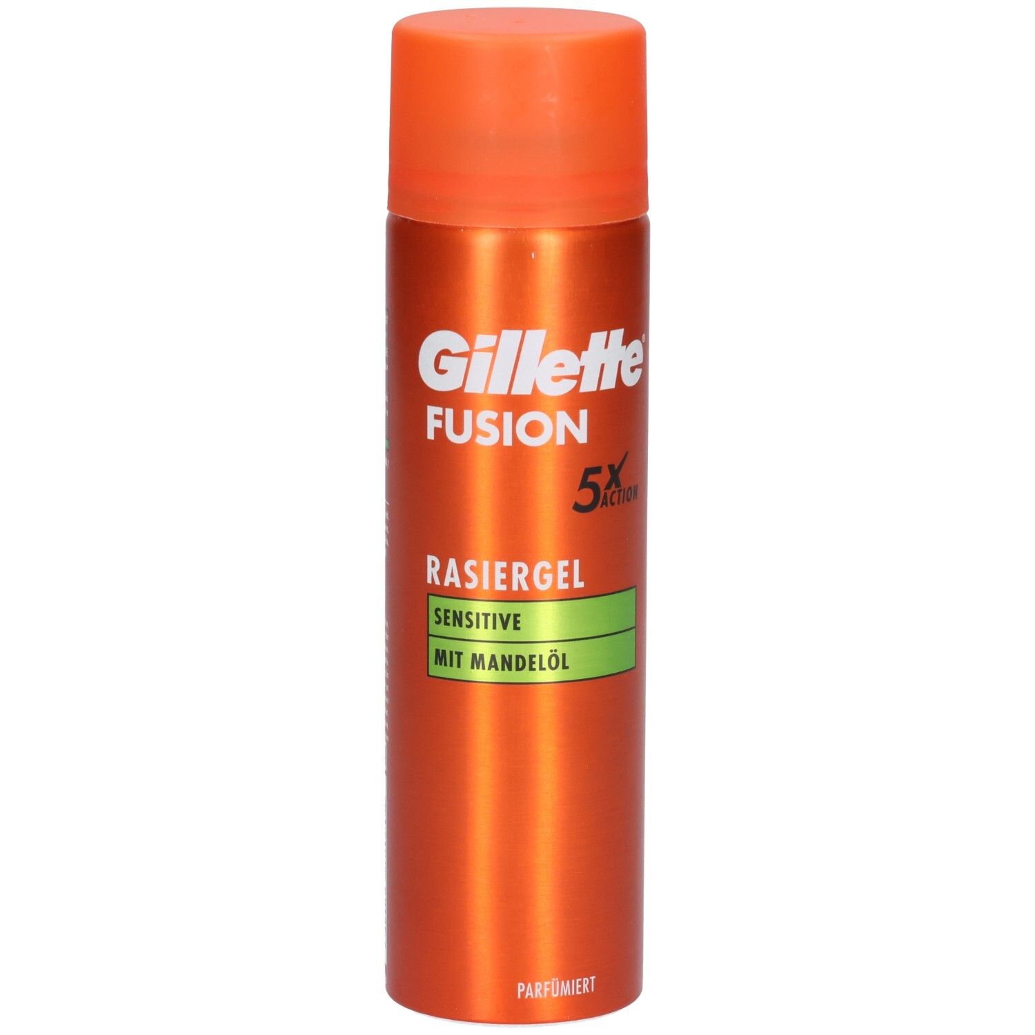Orangefarbene Sprühdose mit orangefarbenem Deckel. Aufschrift: Gillette Fusion5 Rasiergel Sensitive mit Mandelöl.