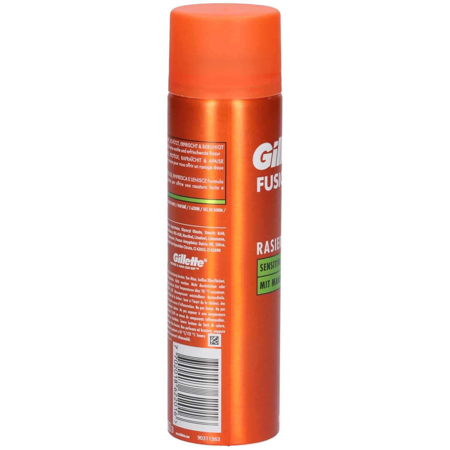 Orangefarbene Sprühdose mit orangefarbenem Deckel. Rückseite mit Text und Barcode. Marke: Gillette.