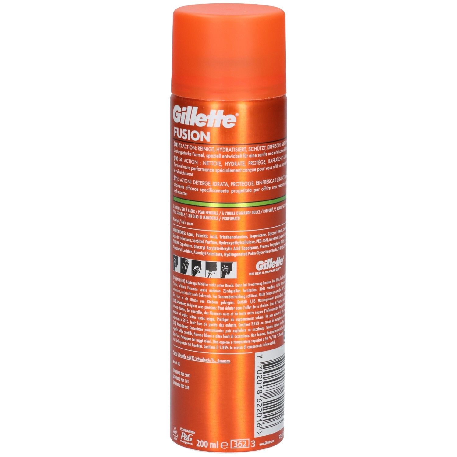 Orangefarbene Sprühdose mit orangefarbenem Deckel. Rückseite mit Text. Marke: Gillette. Volumen: 200 ml.