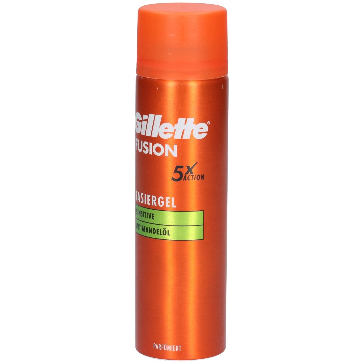 Orangefarbene Sprühdose mit orangefarbenem Deckel. Aufschrift: Gillette Fusion5 Rasiergel Sensitive mit Mandelöl.