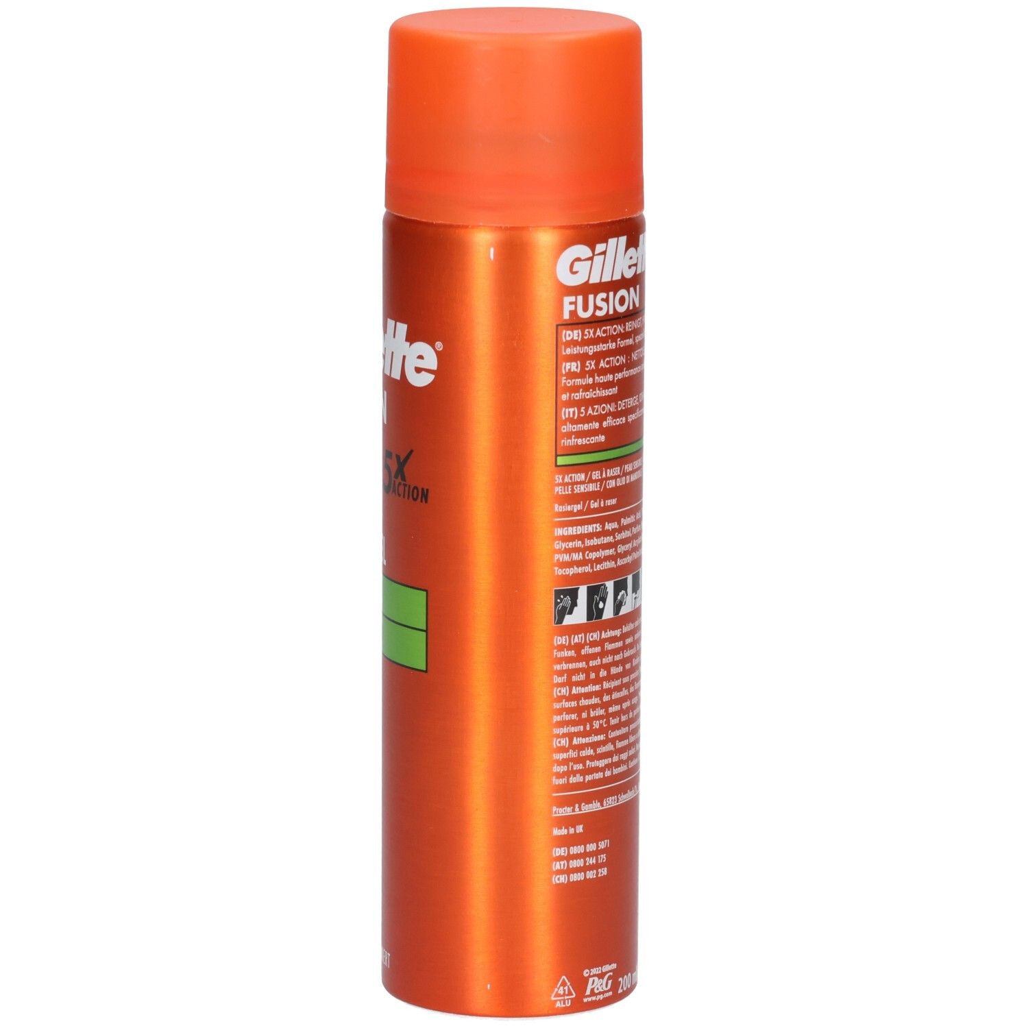 Orangefarbene Sprühdose mit orangefarbenem Deckel. Rückseite mit Text. Marke: Gillette.