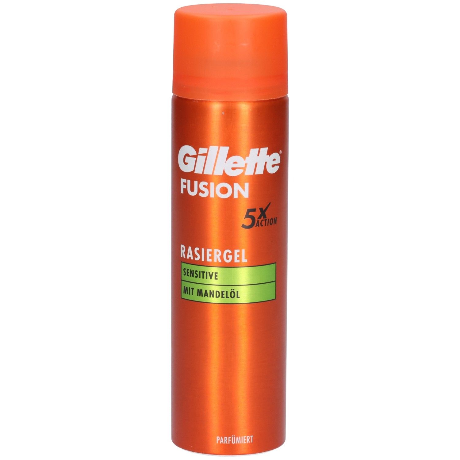 Orangefarbene Sprühdose mit orangefarbenem Deckel. Aufschrift: Gillette Fusion5 Rasiergel Sensitive mit Mandelöl.