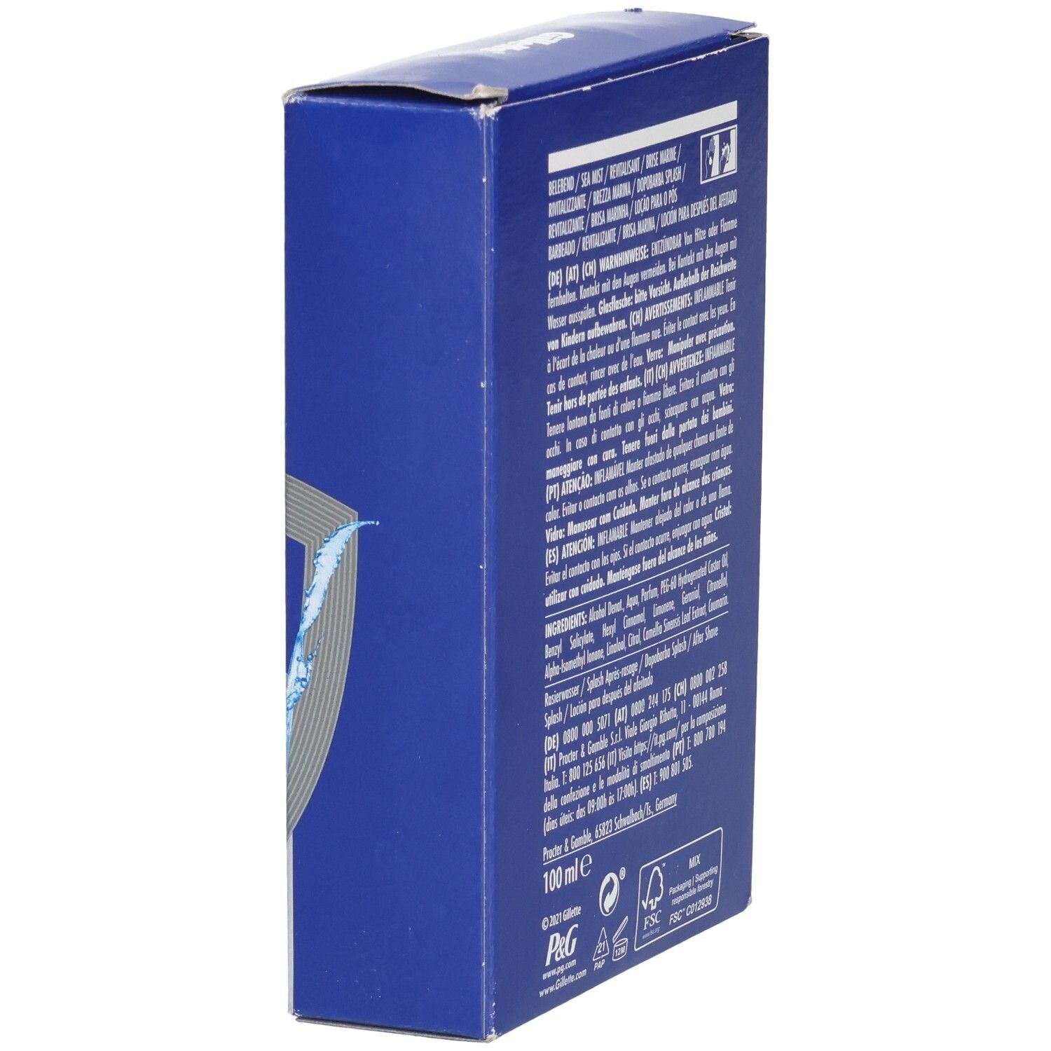 Blaue Schachtel, Rückseite. Text in mehreren Sprachen. Inhaltsstoffe und Herstellerinformationen. FSC-Logo und "100 ml e".