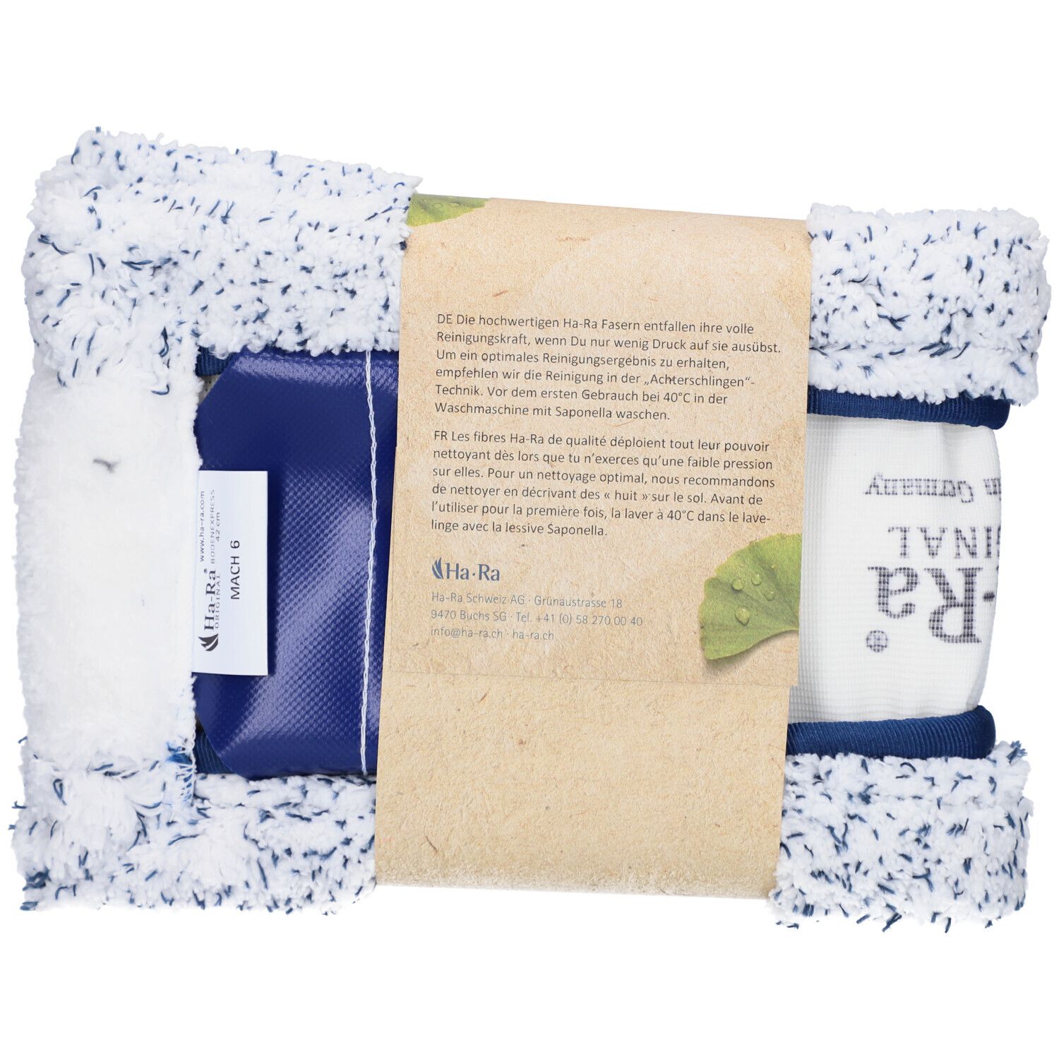 Ha-Ra Boden-Faser Mach 6. Rückseite der Verpackung mit Text. Blaue Halterung, weiße Faser mit blauen Punkten.