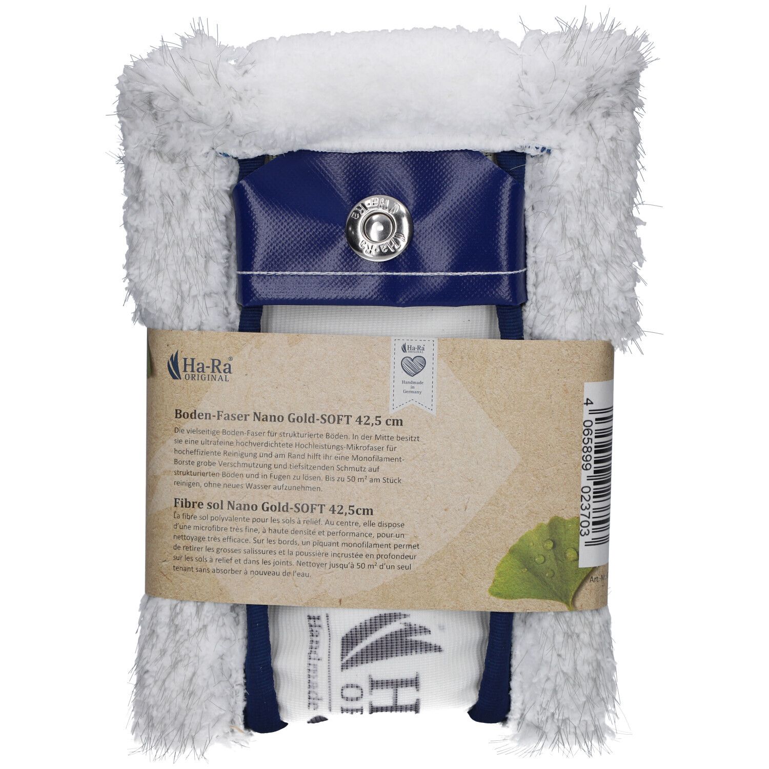 Ha-Ra® Bodenfaser Nano Gold Soft 42,5 cm. Weiße Faser, blaues Element mit Druckknopf. Produktverpackung mit Text und Logo.