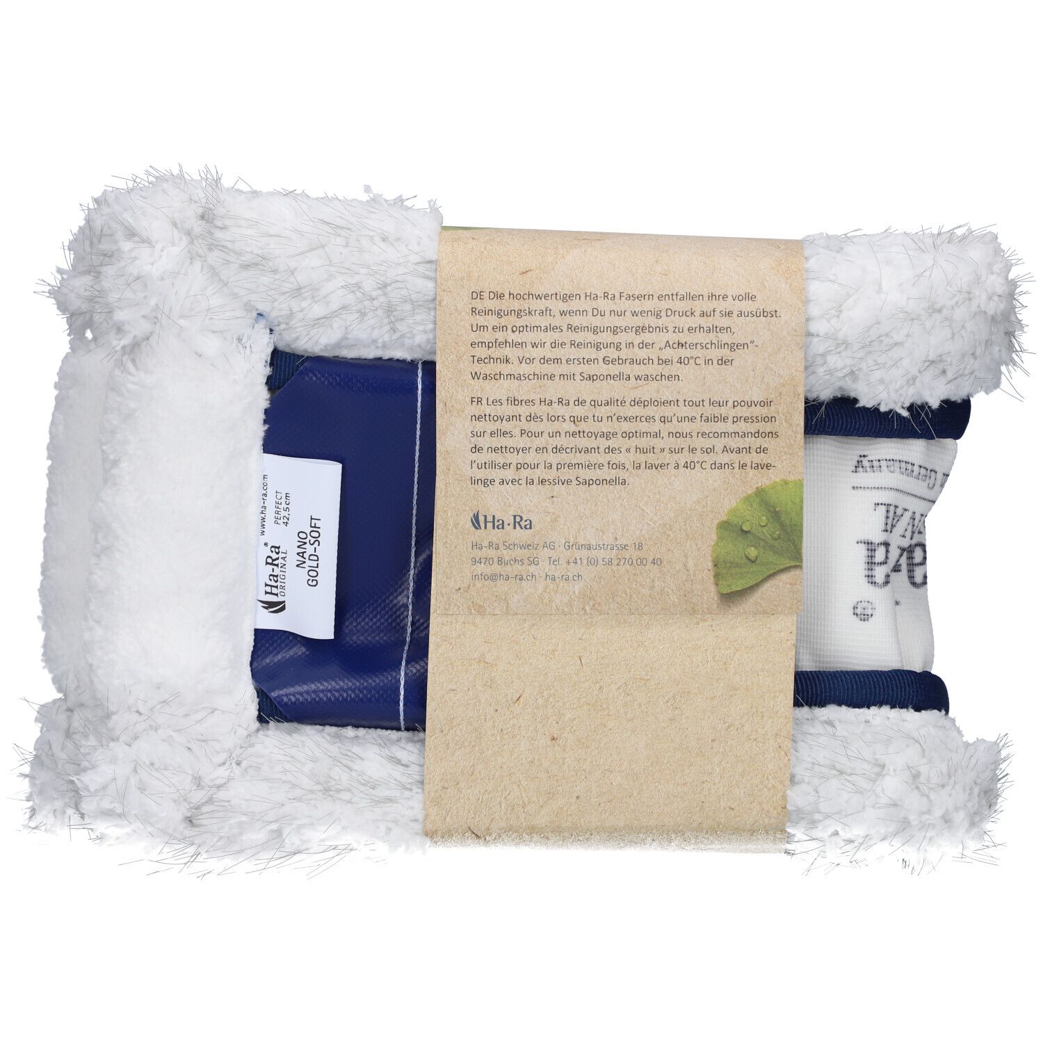 Ha-Ra® Bodenfaser Nano Gold Soft 42,5 cm. Weiße Faser, blaues Element. Produktverpackung mit Text und Logo.