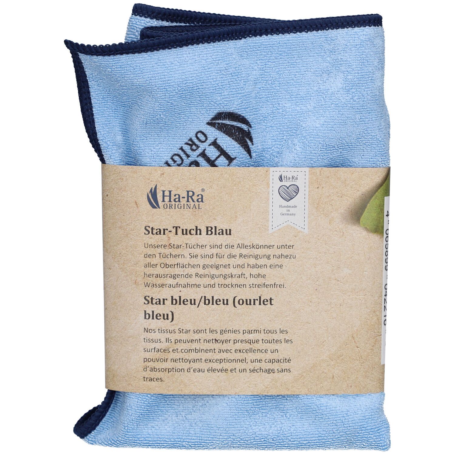 Zwei blaue Mikrofasertücher mit dunkelblauen Rändern, verpackt mit Papierbanderole. Aufdruck: Ha-Ra Original, Star-Tuch blau.
