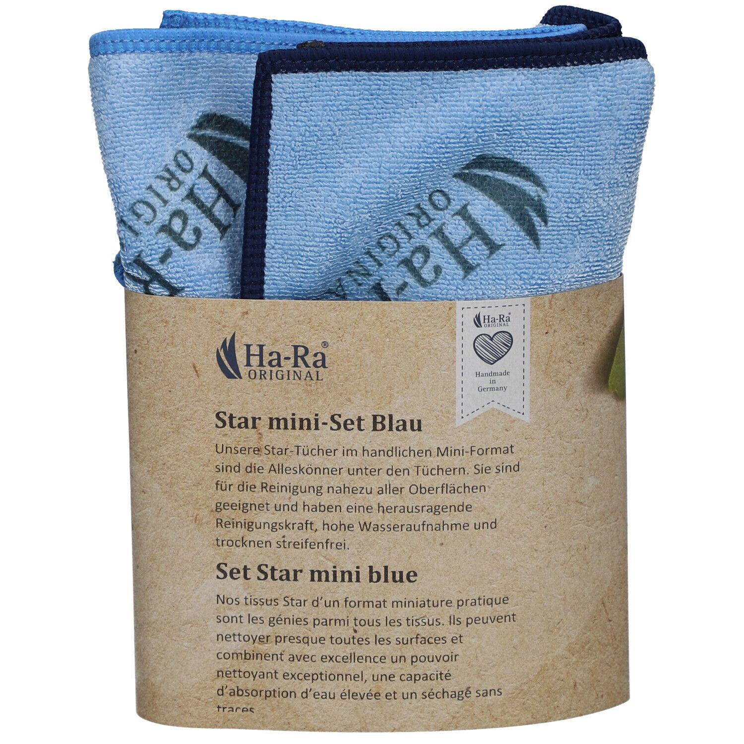 Zwei blaue Mikrofasertücher im Karton. Aufdruck: Ha-Ra Original. Text: Star mini-Set Blau.
