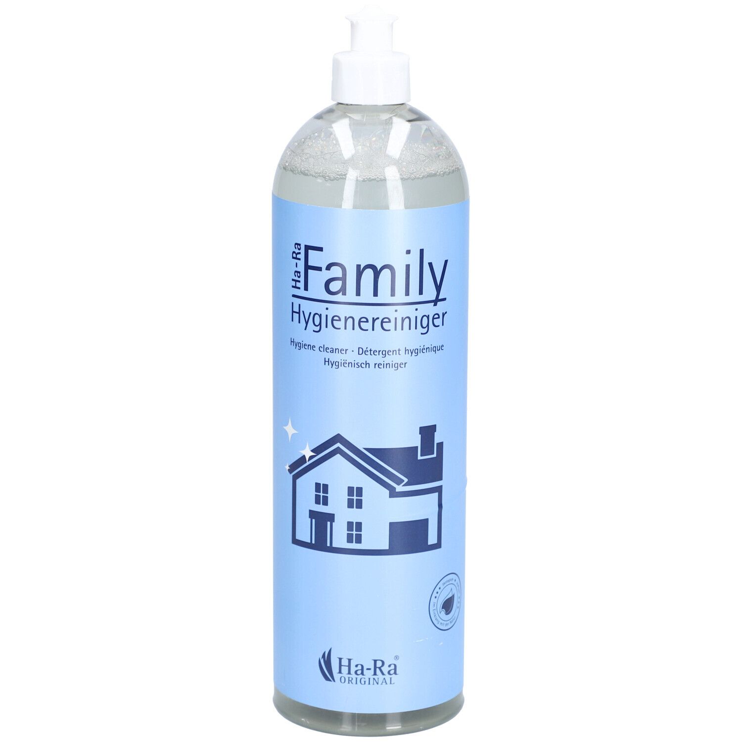Hygienereiniger-Flasche mit blauem Etikett. Aufschrift "Family Hygienereiniger". Haus-Symbol. Marke: Ha-Ra Original.