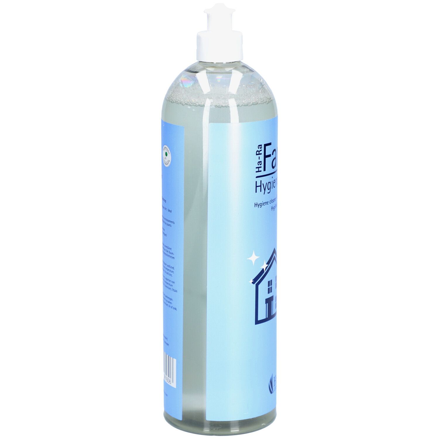 Hygienereiniger-Flasche, Seitenansicht. Blaues Etikett mit Text und Logo. Transparente Flüssigkeit sichtbar.