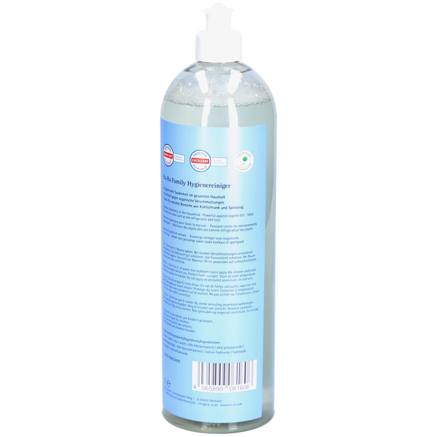 Hygienereiniger-Flasche, Rückansicht. Blaues Etikett mit Text und Barcode. Transparente Flüssigkeit sichtbar.