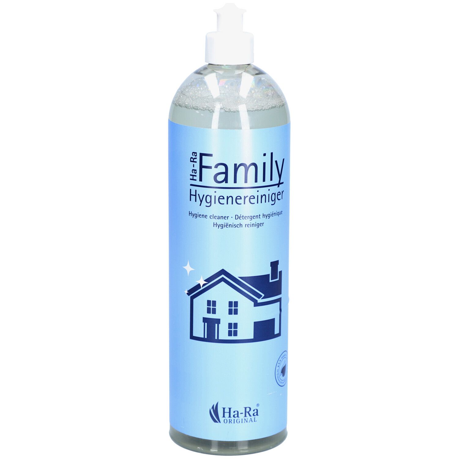 Hygienereiniger-Flasche mit blauem Etikett. Aufschrift "Family Hygienereiniger". Haus-Symbol. Marke: Ha-Ra Original.