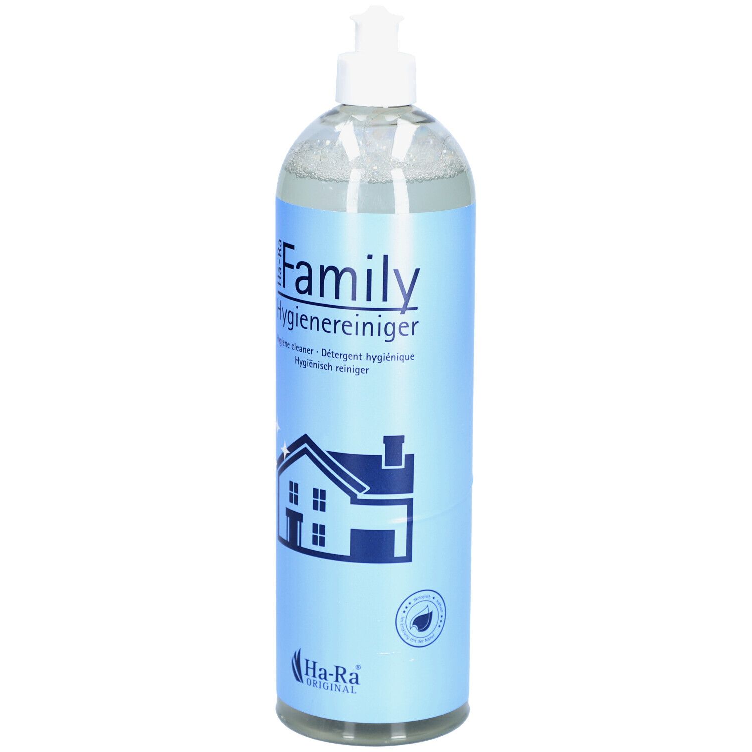 Hygienereiniger-Flasche mit blauem Etikett. Aufschrift "Family Hygienereiniger". Haus-Symbol. Marke: Ha-Ra Original.
