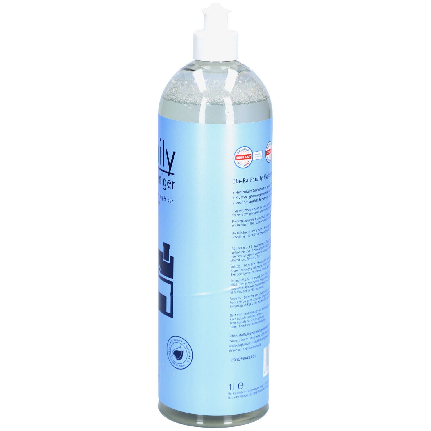Hygienereiniger-Flasche, Seitenansicht. Blaues Etikett mit Text und Logo. Volumenangabe: 1 l.