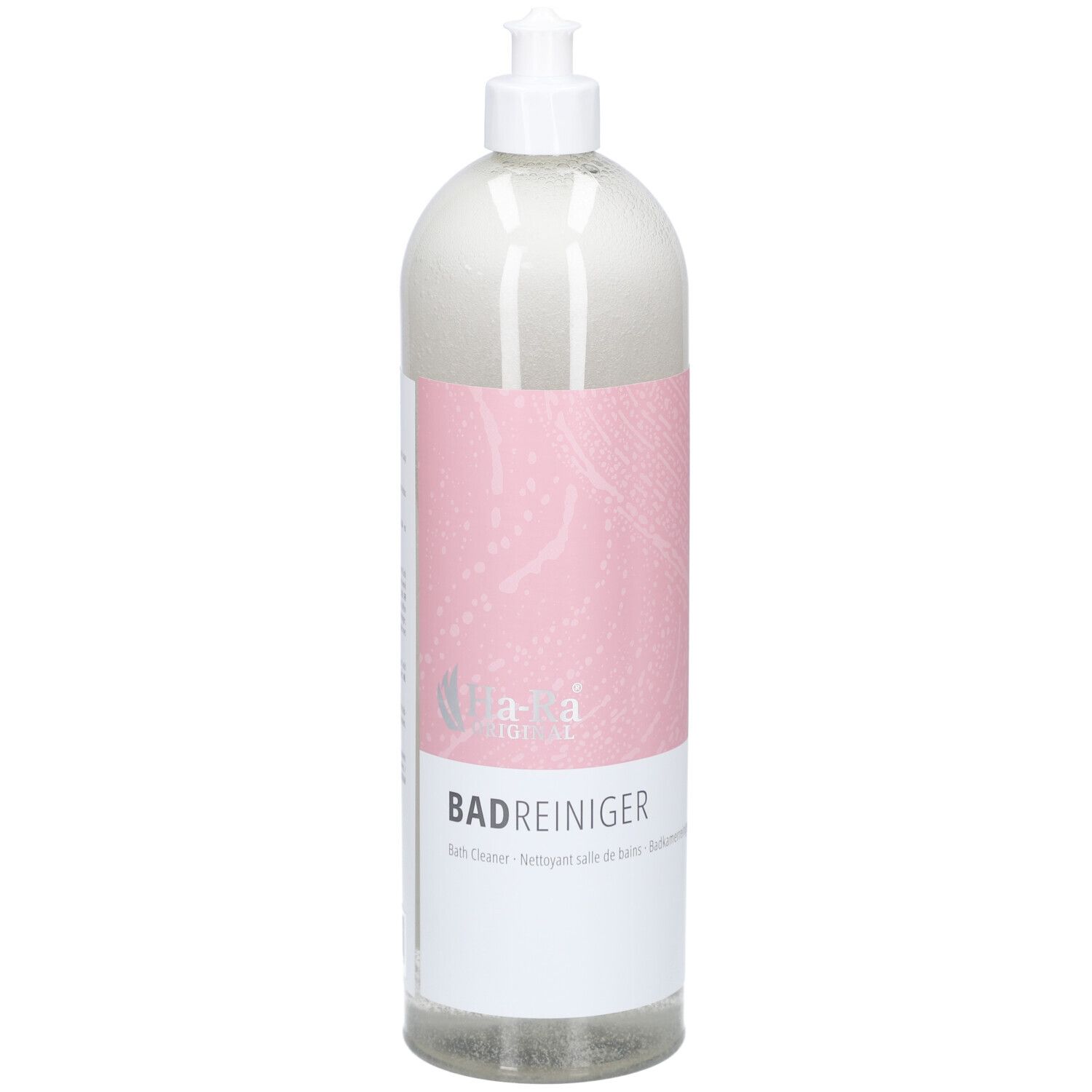 Transparente Flasche mit gelbem Etikett. Aufschrift: Bad Reiniger. Mit Sprühkopf. Ha-Ra Logo.