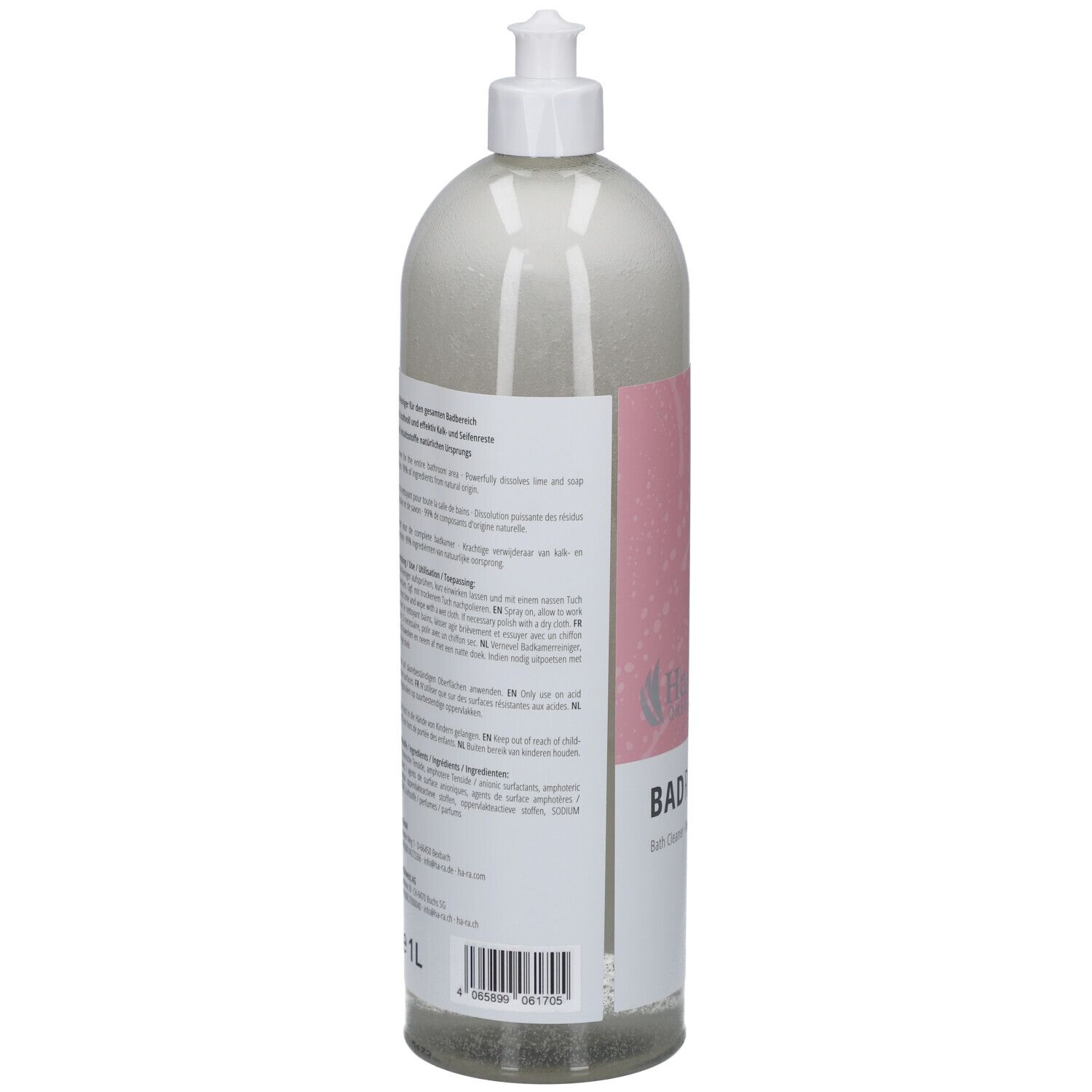 Transparente Flasche mit gelbem Etikett. Aufschrift: Bad Reiniger. Mit Sprühkopf. Ha-Ra Logo.