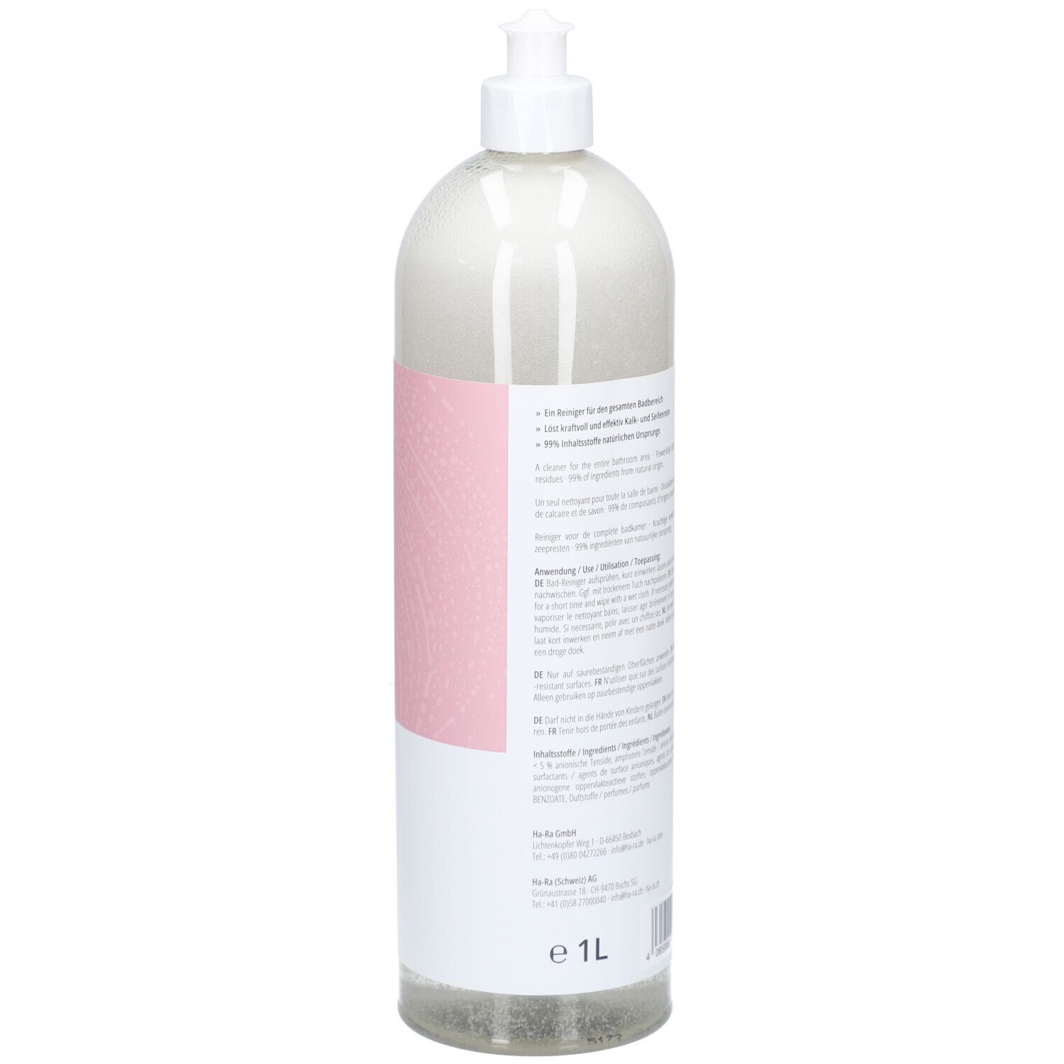 Rückseite der transparenten Flasche mit gelbem Etikett. Text und Barcode. Ha-Ra Bad Reiniger.