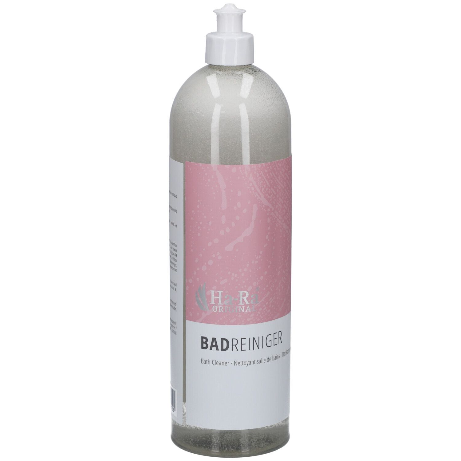 Transparente Flasche mit gelbem Etikett. Aufschrift: Bad Reiniger. Mit Sprühkopf. Ha-Ra Logo.