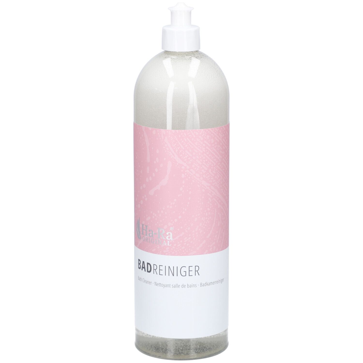 Transparente Flasche mit gelbem Etikett. Aufschrift: Bad Reiniger. Mit Sprühkopf. Ha-Ra Logo.