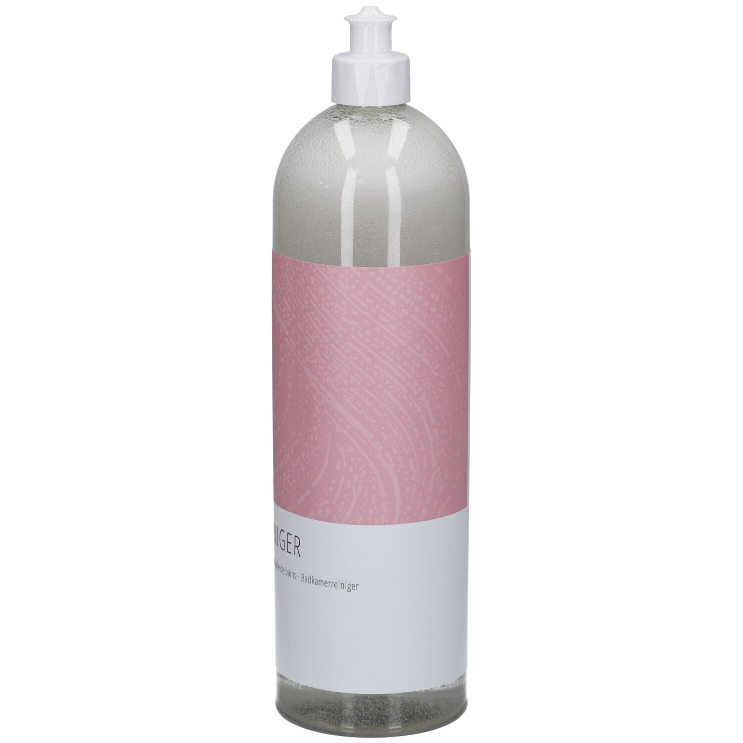 Rückseite der transparenten Flasche mit gelbem Etikett. Text und Barcode. Ha-Ra Bad Reiniger.