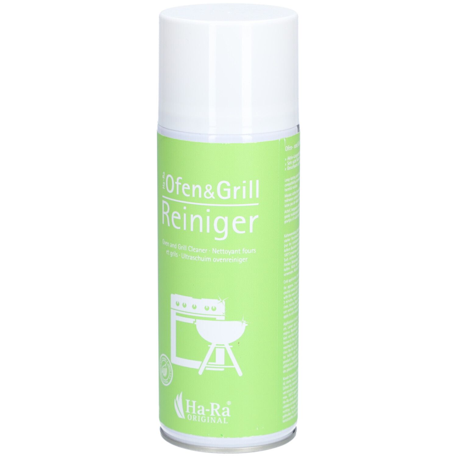 Reinigungsspray für Ofen und Grill. Grüne Dose mit weißem Deckel. Logo: Ofen und Grill, Ha-Ra Originale.