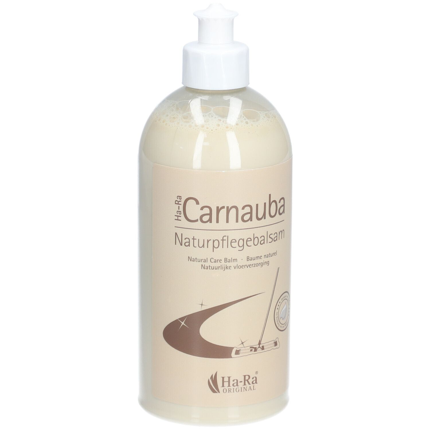 Flasche mit weißem Pumpkopf. Aufschrift: Carnauba Naturpflegebalsam. Marke: Ha-Ra Original.