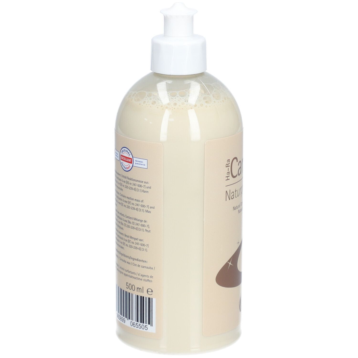 Flasche mit weißem Pumpkopf. Rückseite mit Text und Barcode. Volumen: 500 ml.