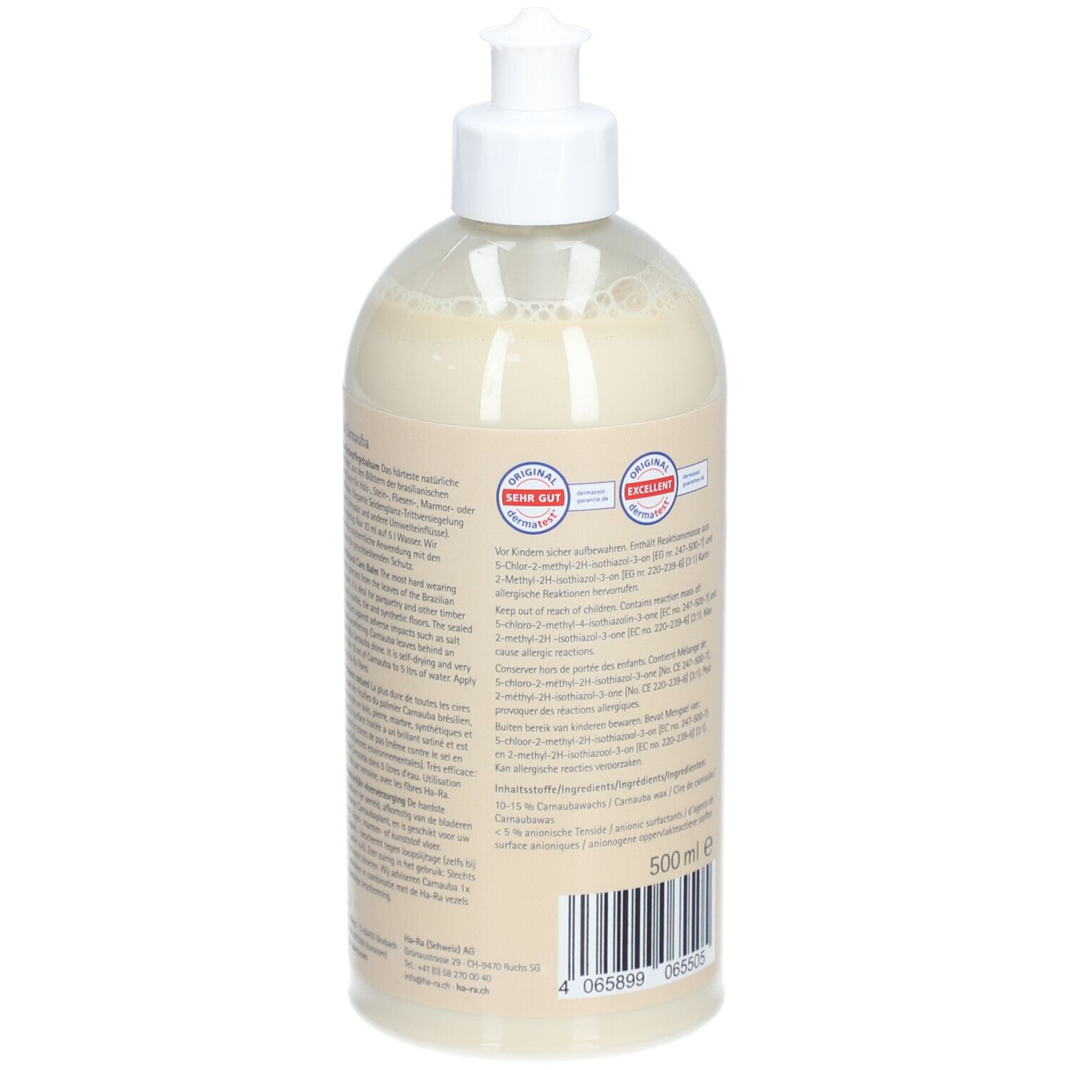 Flasche mit weißem Pumpkopf. Rückseite mit Text und Qualitätszeichen. Volumen: 500 ml.
