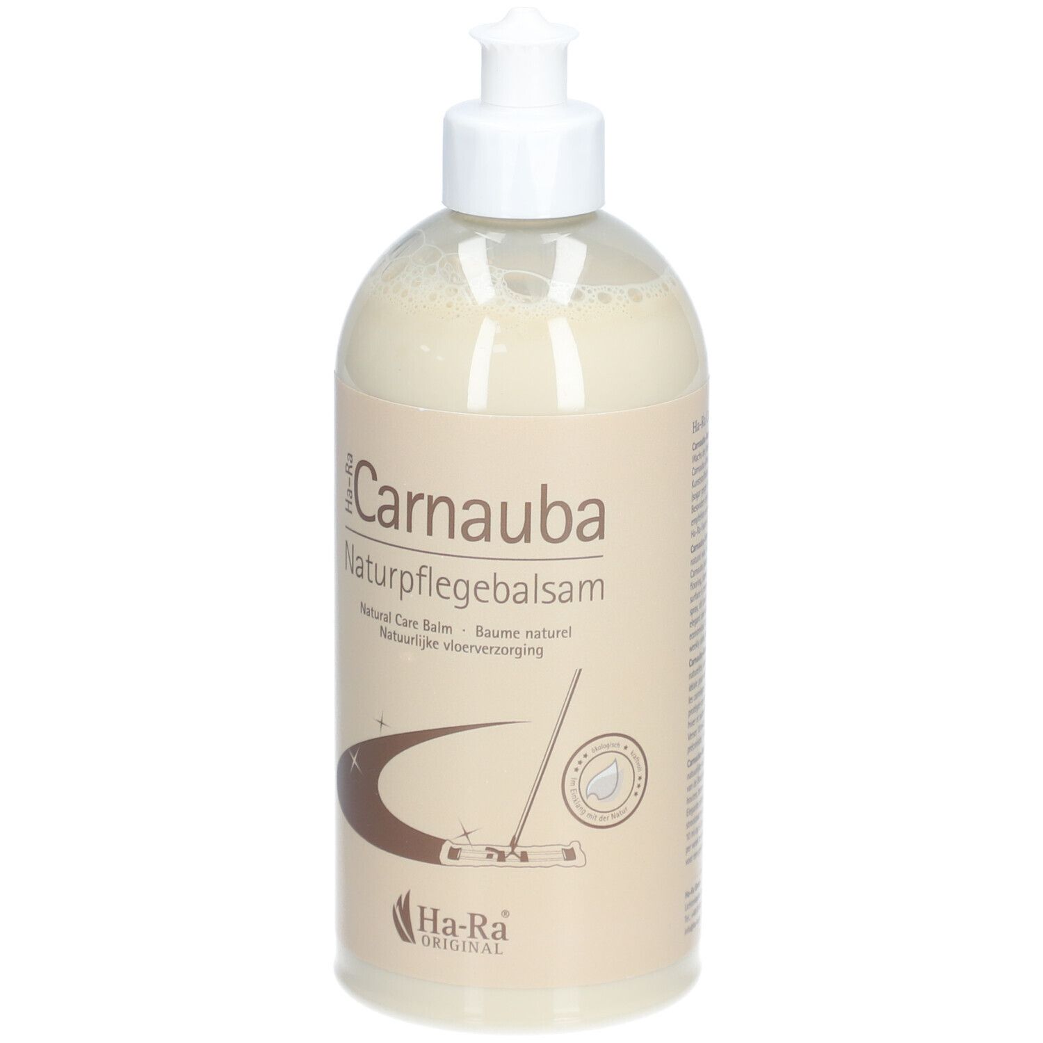 Flasche mit weißem Pumpkopf. Aufschrift: Carnauba Naturpflegebalsam. Marke: Ha-Ra Original.