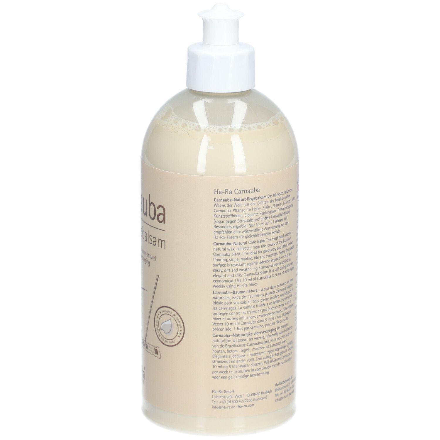 Flasche mit weißem Pumpkopf. Rückseite mit Text. Volumen: 500 ml. Marke: Ha-Ra Carnauba.