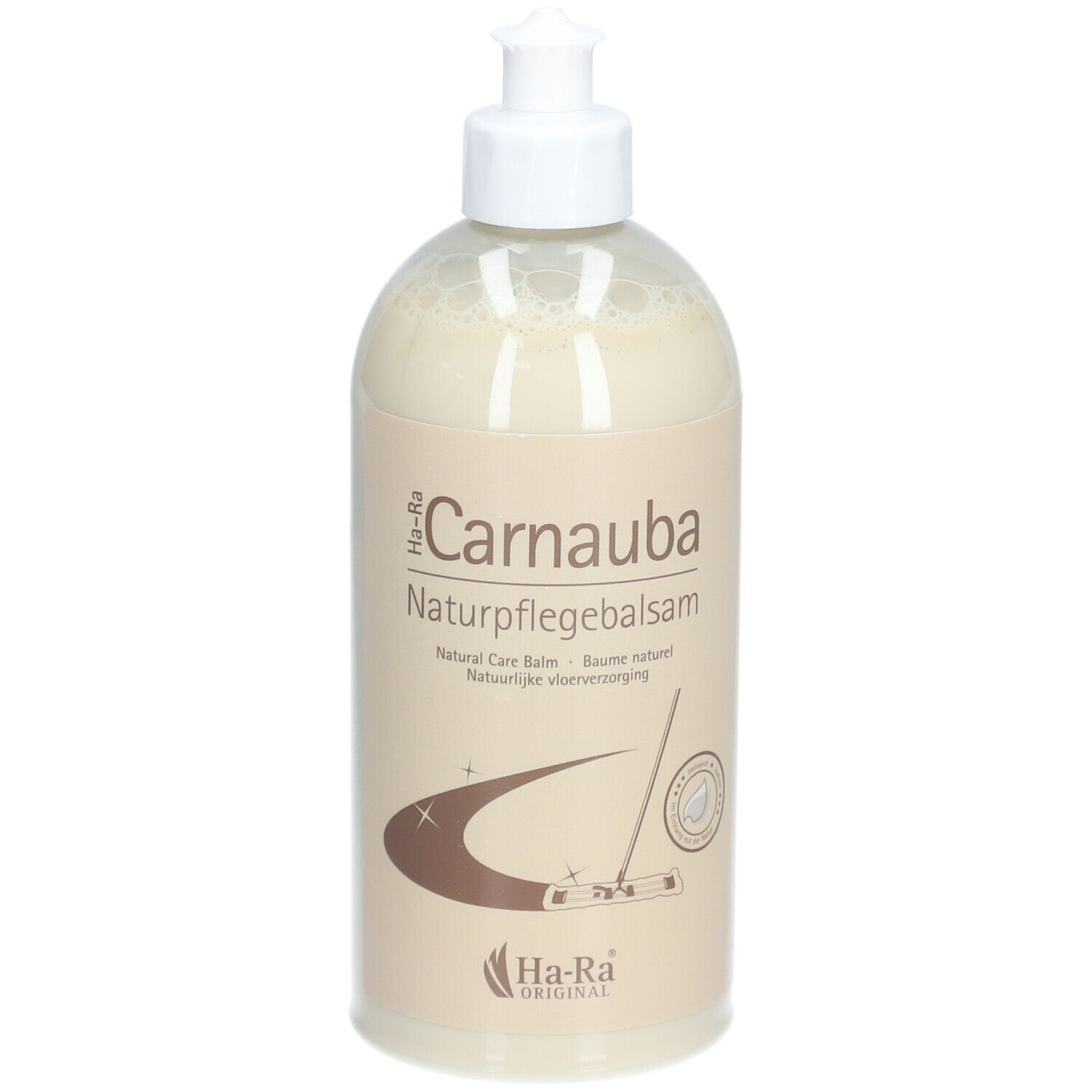 Flasche mit weißem Pumpkopf. Aufschrift: Carnauba Naturpflegebalsam. Marke: Ha-Ra Original.