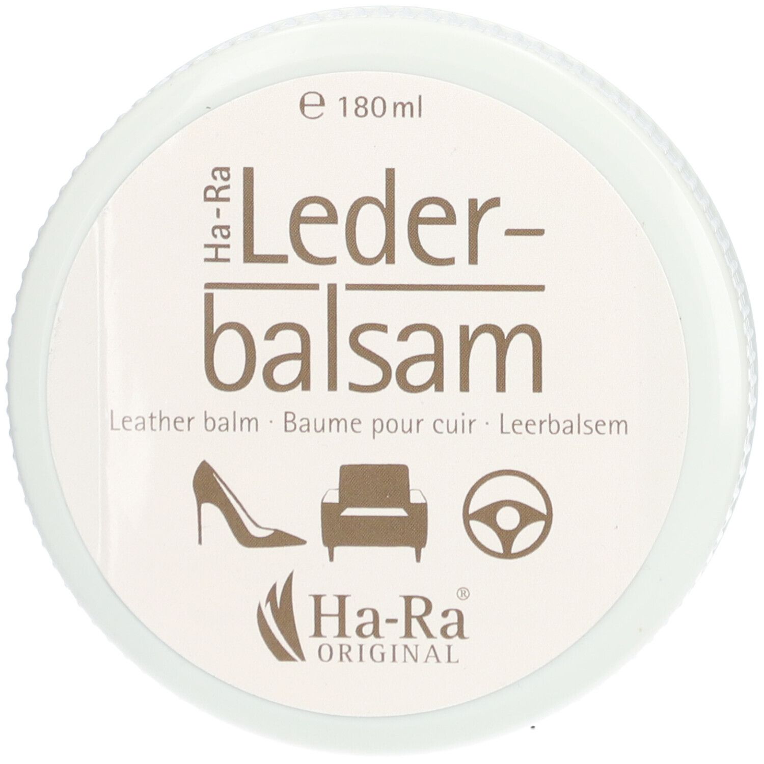 Runder, weißer Behälter mit Aufschrift Lederbalsam. Darunter Logos von Schuh, Sessel und Lenkrad. Marke Ha-Ra Original.