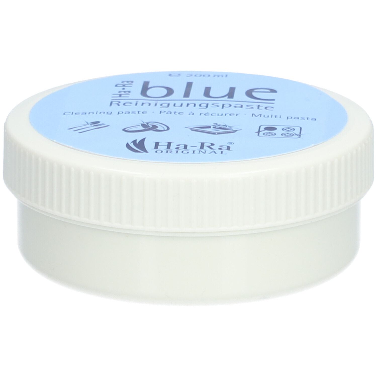 Weiße Dose mit blauem Deckel. Aufschrift: blue Reinigungspaste. Ha-Ra Original Logo.